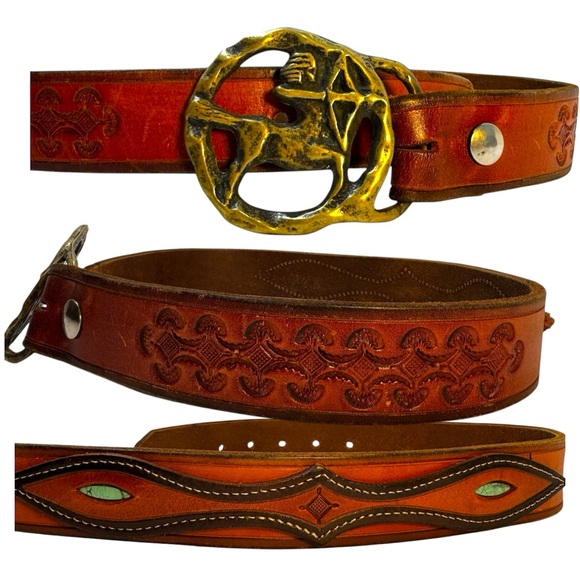 Accessories - Vintage Western Leather Belt Brass Sagittarius Horse Buckle Boho Cowgirl Size 30